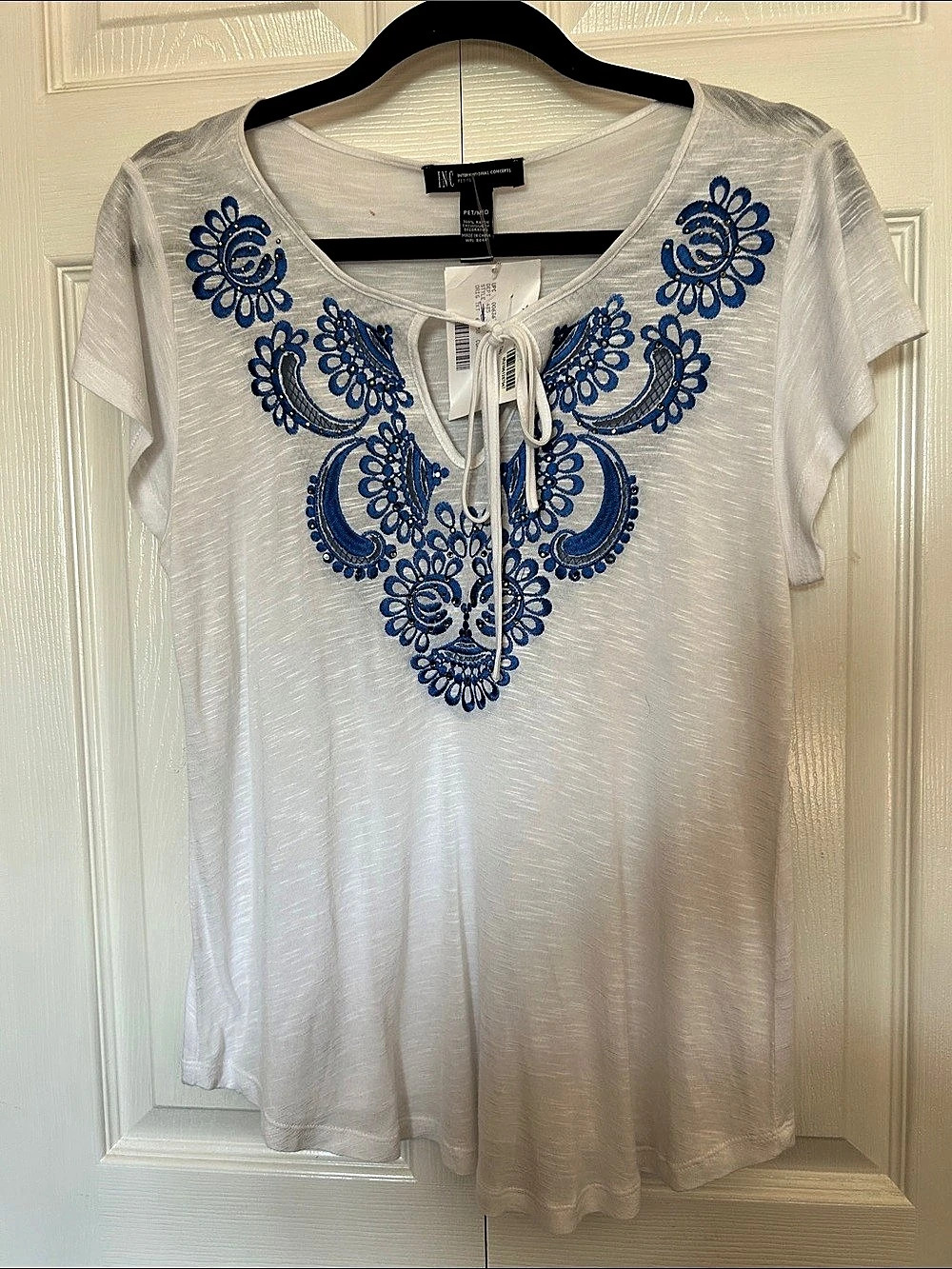 INC International Concepts Peasant Top Embroidered Tunic in White & Blue Size
